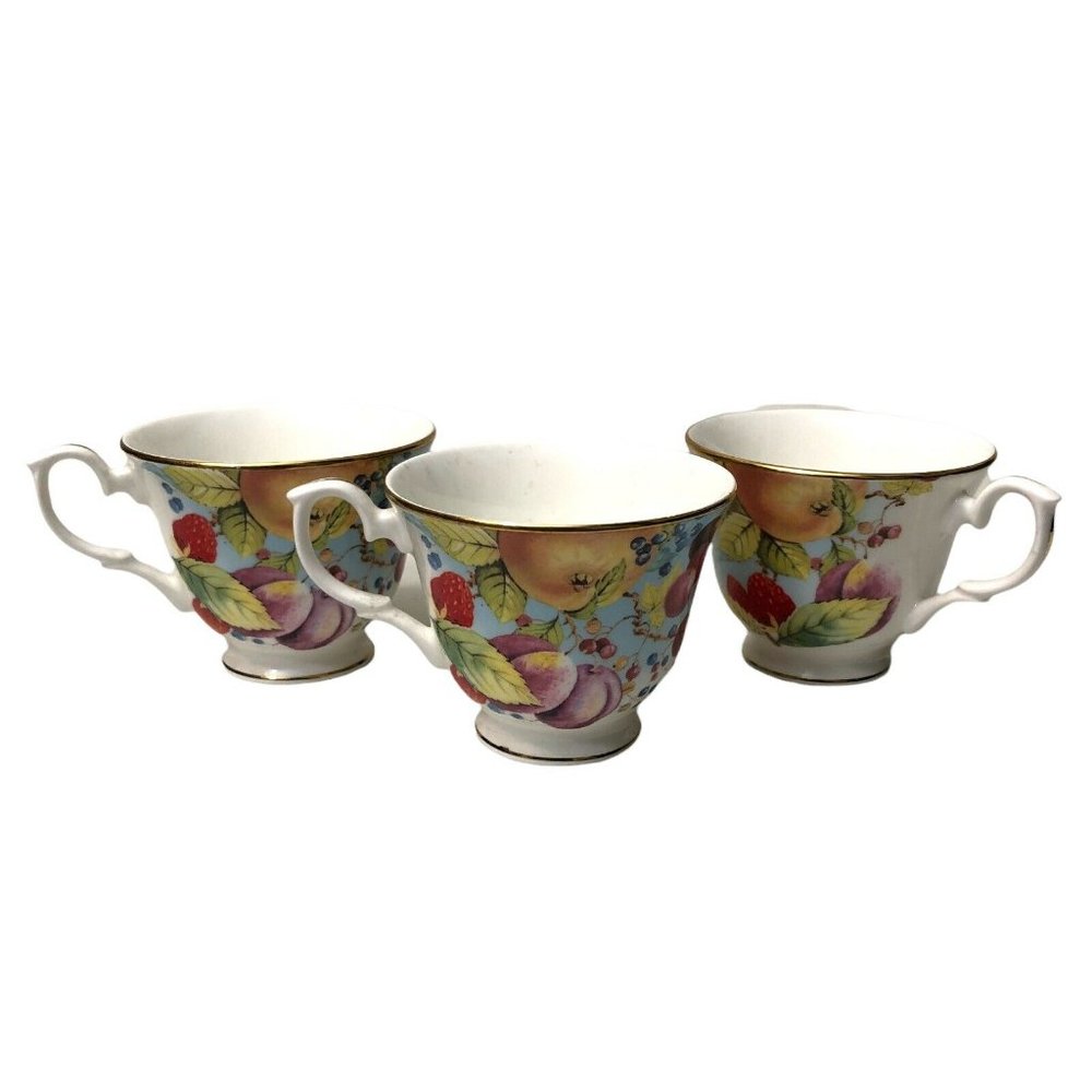 Duchess Fine English Bone China Fruit Pattern Gold Trim Tea Cups 3 Piece Art